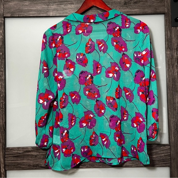 Modcloth Vibrant L Floral Blouse Teal, Purple, Red Peter Pan Collar Cottagecore - Picture 2 of 11